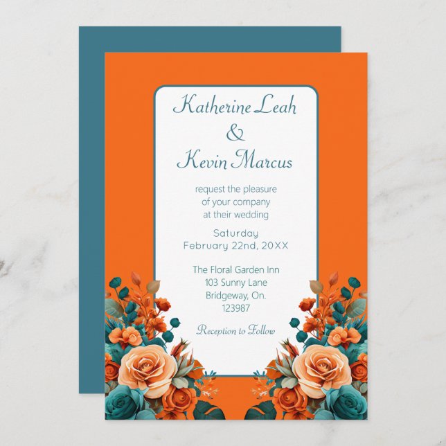 Elegant Teal and Orange Floral  Invitation (Front/Back)