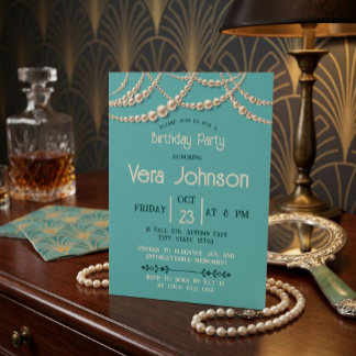 Elegant Teal and Pearls Birthday Party Invitation