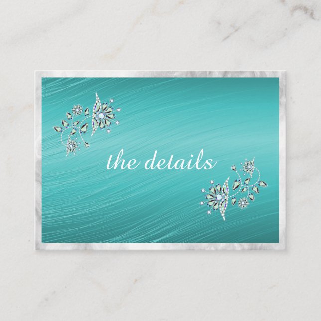 Elegant Teal and Rhinestone Wedding Details Enclosure Card (Front)