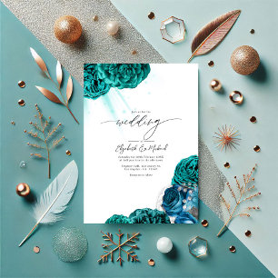 Elegant Teal and Silver Floral Wedding Invitation