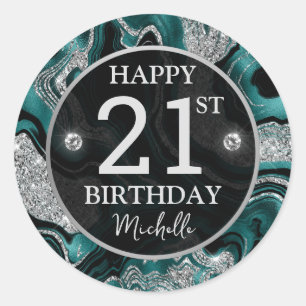 Elegant Teal and Silver Glitter Agate Birthday Classic Round Sticker