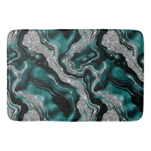 Elegant Teal and Silver Glitter Agate Pattern Bath Mat