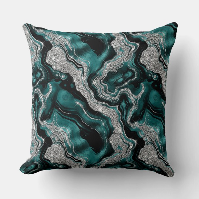 Elegant Teal and Silver Glitter Agate Pattern Cushion (Front)
