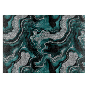 Elegant Teal and Silver Glitter Agate Pattern Cutting Board
