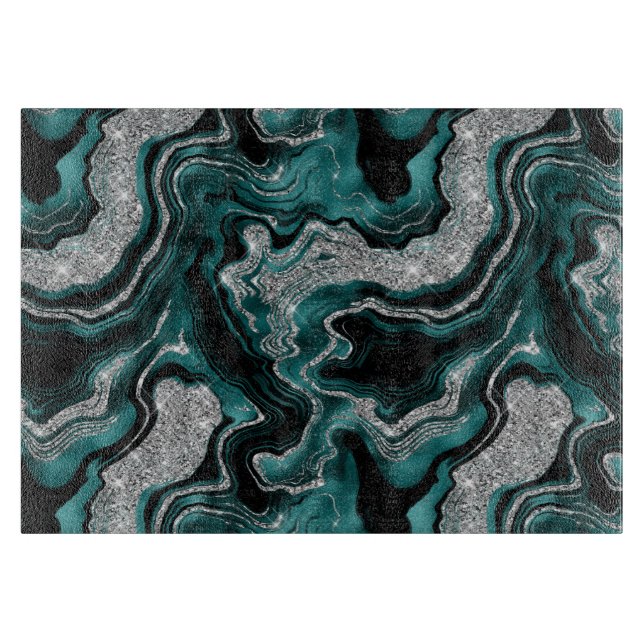 Elegant Teal and Silver Glitter Agate Pattern Cutting Board (Front)