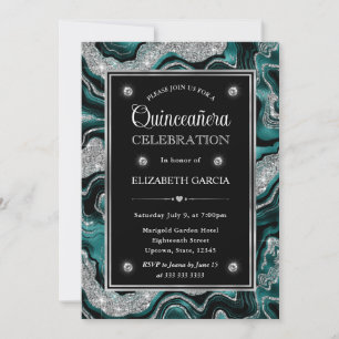 Elegant Teal and Silver Glitter Agate Quinceanera Invitation