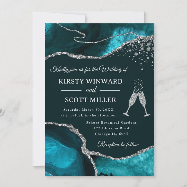 Elegant Teal and Silver Glitter Agate Wedding Invitation (Front)