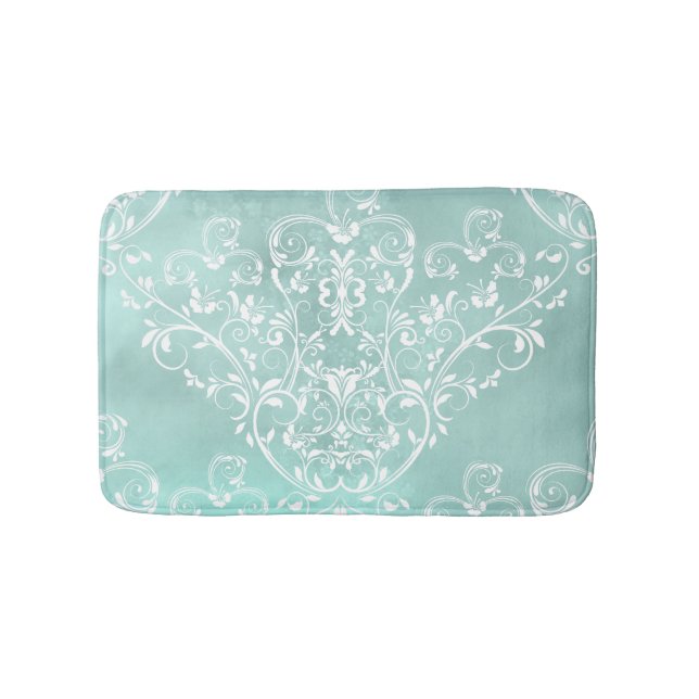 Elegant Teal and White Damask Bath Mat (Front)