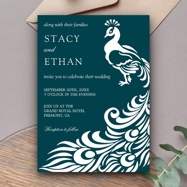 Elegant Teal and White Peacock Wedding Invitation (Creator Uploaded)
