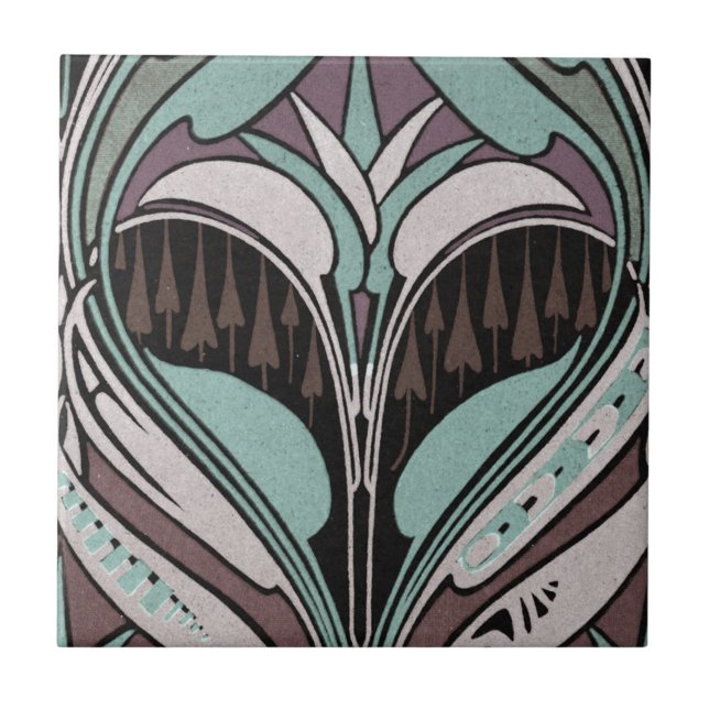 elegant teal and wine art nouveau design ceramic tile (Front)