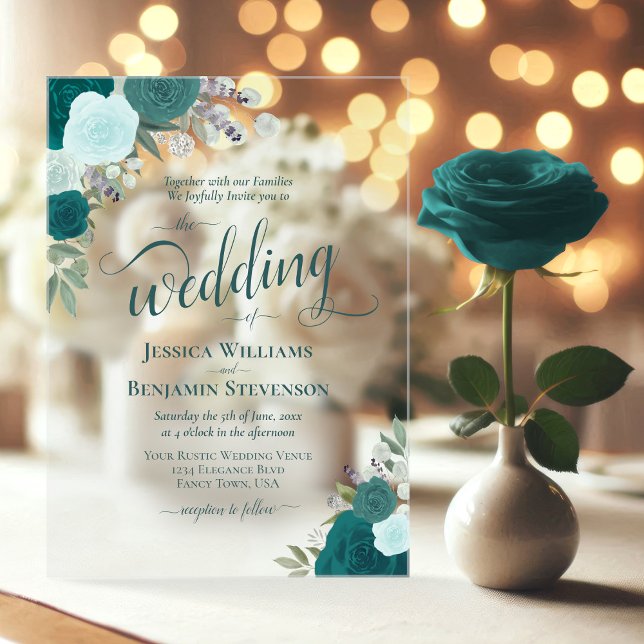 Elegant Teal & Aqua Boho Chic Roses Fancy Wedding Acrylic Invitations (Clear Acrylic with Rectangle Cut)