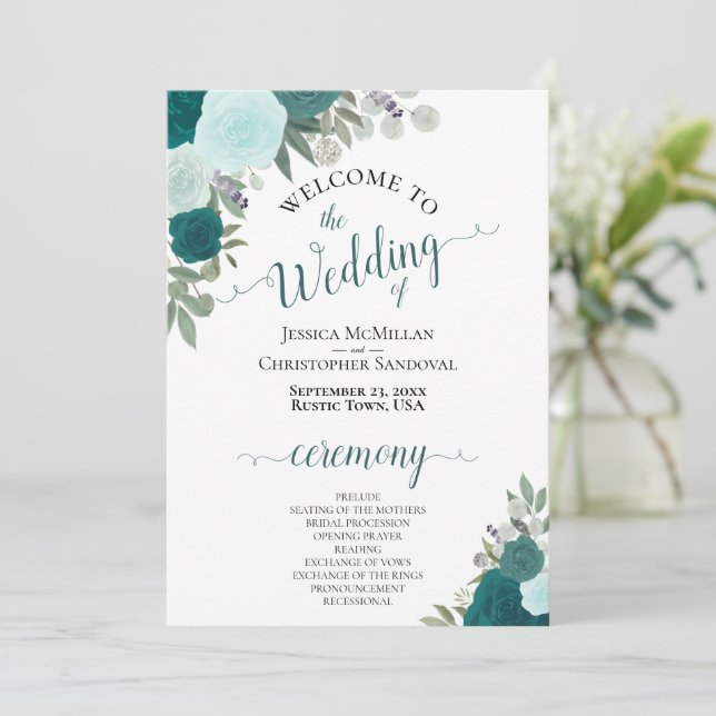 Elegant Teal & Aqua Boho Floral Wedding Program (Standing Front)