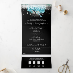 Elegant Teal Aqua Heart Leaf Tree Wedding Tri-Fold Invitation