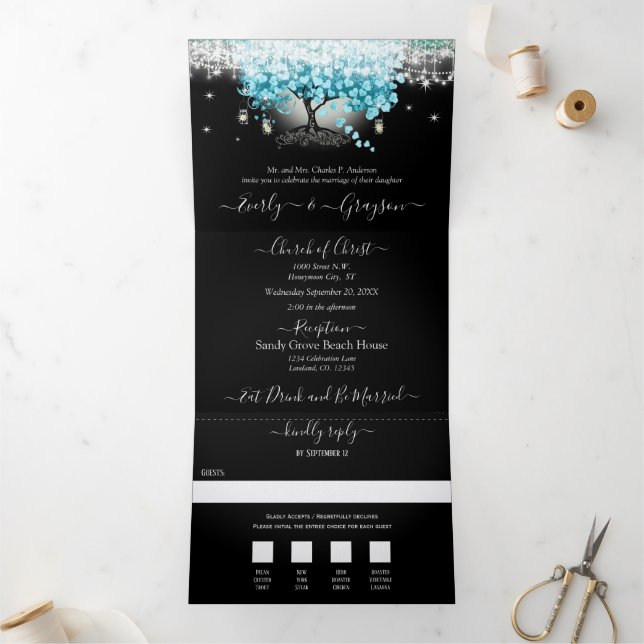 Elegant Teal Aqua Heart Leaf Tree Wedding Tri-Fold Invitation (Inside)