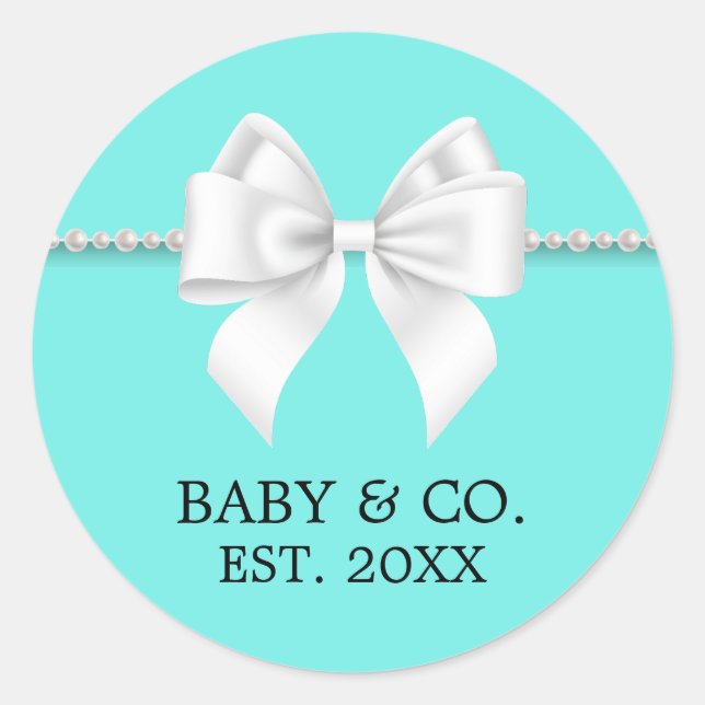 Elegant Teal Aqua Tiffany Theme Baby Shower Classic Round Sticker (Front)