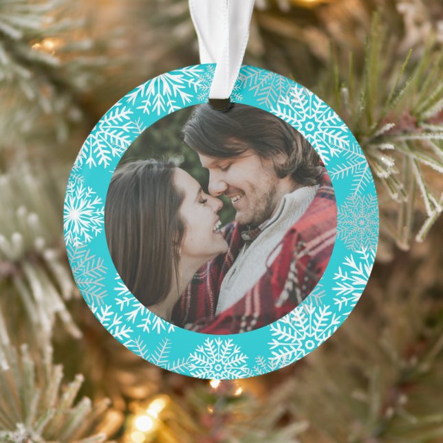 Elegant Teal Aqua White Winter Snowflakes Photo Ornament (Tree)