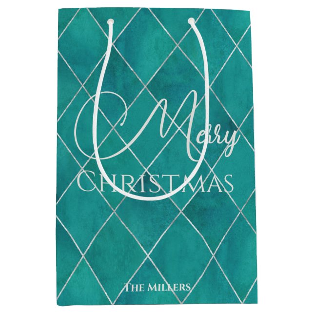 Elegant Teal Argyle Pattern Merry Christmas Medium Gift Bag (Front)