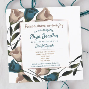 Elegant Teal, Beige Roses Bat Mitzvah Invitation