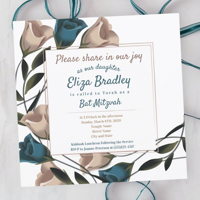 Elegant Teal, Beige Roses Bat Mitzvah Invitation (Teal roses, leafy green vines botanical garden bat mitzvah invitations, foliage, calligraphy )