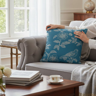 Elegant Teal Bird Floral Toile Accent Pillow