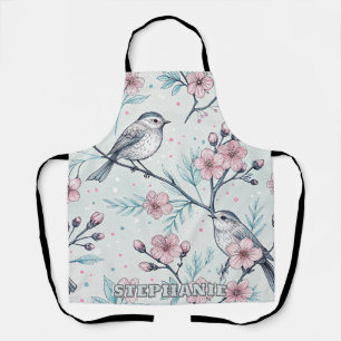 Elegant Teal Birds Pink Cherry Blossoms Apron
