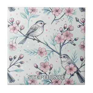 Elegant Teal Birds Pink Cherry Blossoms Ceramic Tile