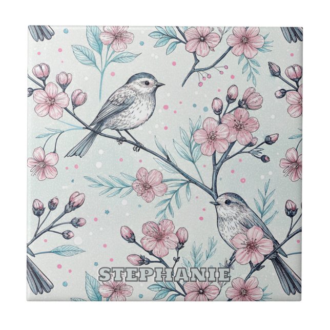 Elegant Teal Birds Pink Cherry Blossoms Ceramic Tile (Front)