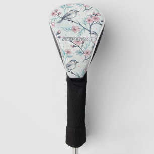 Elegant Teal Birds Pink Cherry Blossoms Golf Head Cover