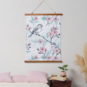 Elegant Teal Birds Pink Cherry Blossoms Hanging Tapestry