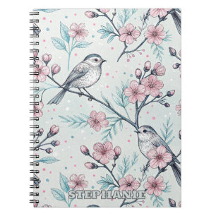 Elegant Teal Birds Pink Cherry Blossoms Notebook