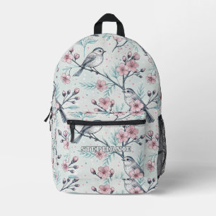 Elegant Teal Birds Pink Cherry Blossoms Printed Backpack