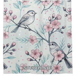 Elegant Teal Birds Pink Cherry Blossoms Shower Curtain