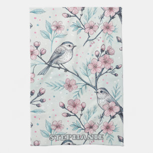 Elegant Teal Birds Pink Cherry Blossoms Tea Towel