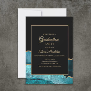 Elegant Teal Black Gold Marble Agate Graduation Invitation