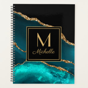 Elegant Teal Black Gold Marble Monogram Planner