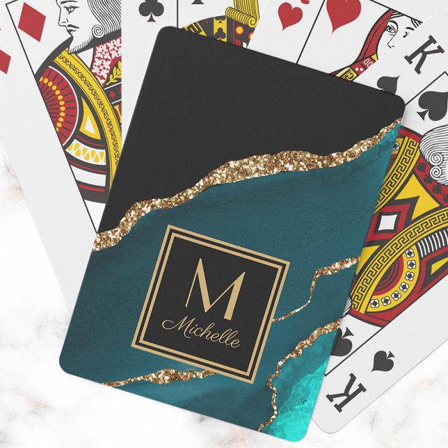 Elegant Teal Black Gold Monogram Initial Name  Playing Cards (Elegant teal and black marble monogram playing cards. )