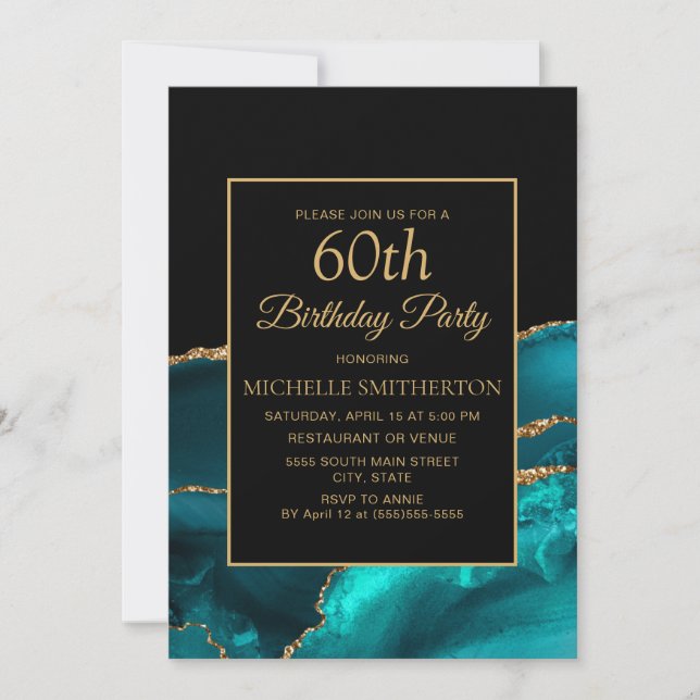 Elegant Teal Black Marble Gold 60th Invitation (Front)