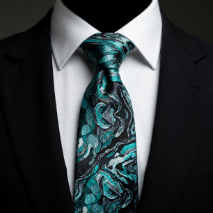 Elegant Teal & Black Swirl Marble  Tie