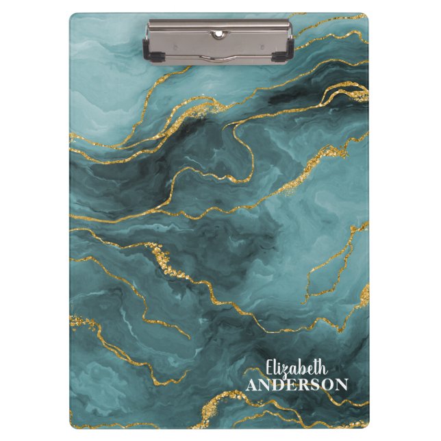 Elegant Teal Blue Agate Geode Marble Monogram Clipboard (Front)