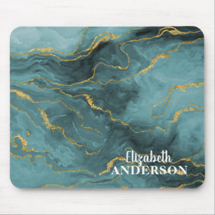 Elegant Teal Blue Agate Geode Marble Monogram Name Mouse Pad