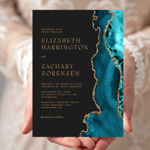 Elegant Teal Blue Agate Gold Wedding Invitation