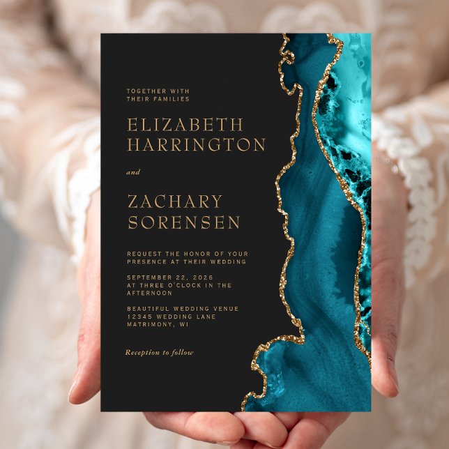 Elegant Teal Blue Agate Gold Wedding Invitation (Creator Uploaded)