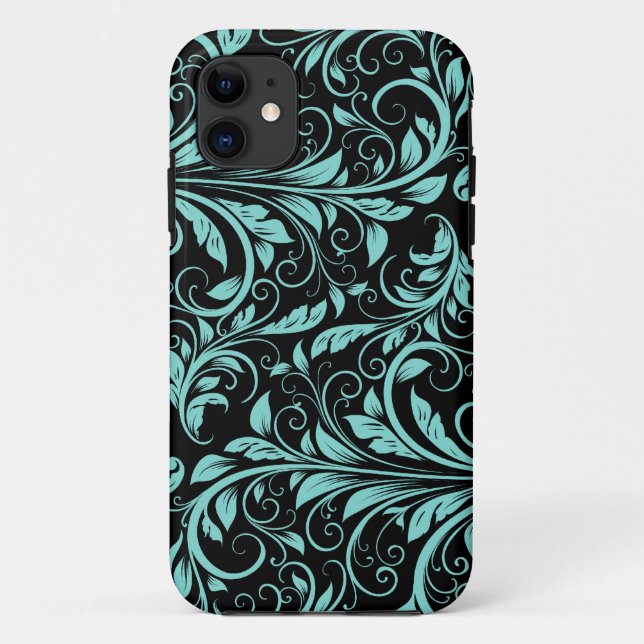 Elegant teal blue and black damask floral pattern Case-Mate iPhone case (Back)