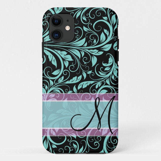 Elegant teal blue and black damask with monogram Case-Mate iPhone case (Back)