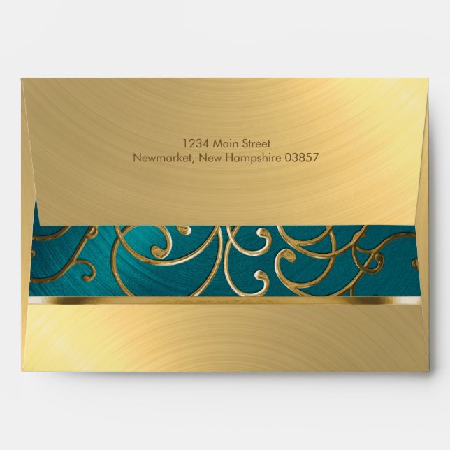 Elegant Teal Blue and Gold Filigree Envelope (Back (Top Flap))