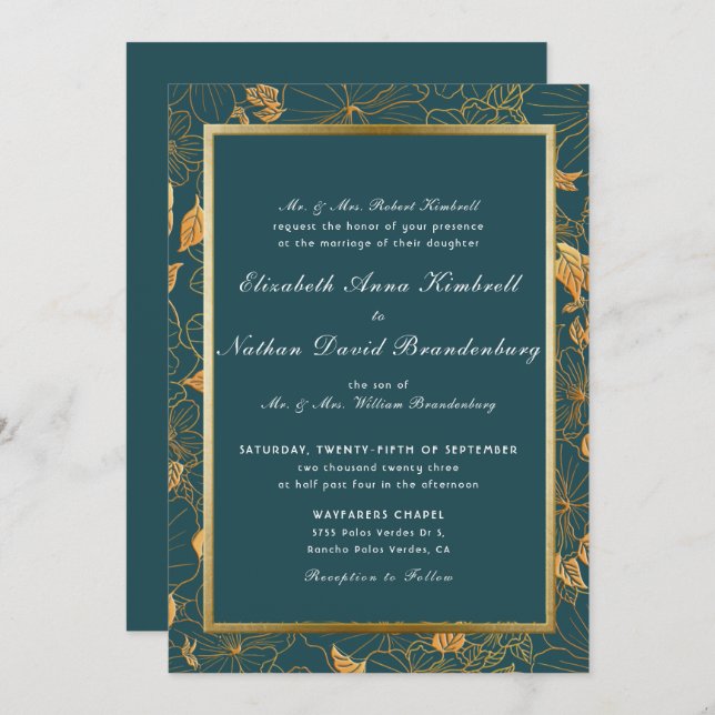Elegant Teal Blue And Gold Floral Wedding  Invitation (Front/Back)