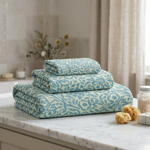 Elegant Teal Blue and Green Floral Abstract Bath Towel Set