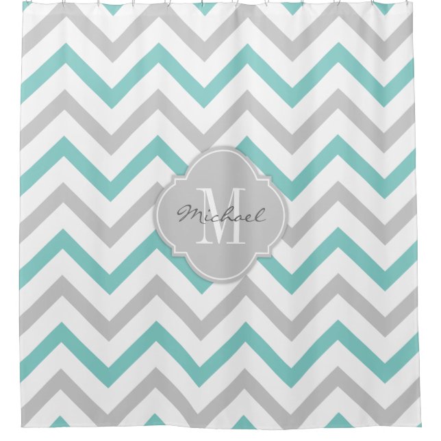 Elegant Teal blue and grey Chevron with Monogram Shower Curtain (Front)