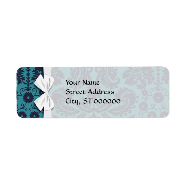 elegant teal blue and midnight damask return address label (Front)