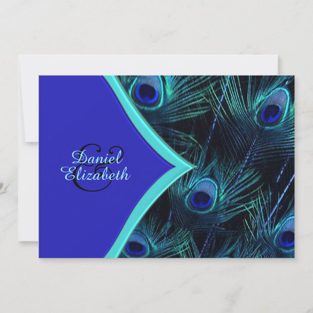 Elegant Teal Blue and Royal Blue Peacock Wedding Invitation (Front)